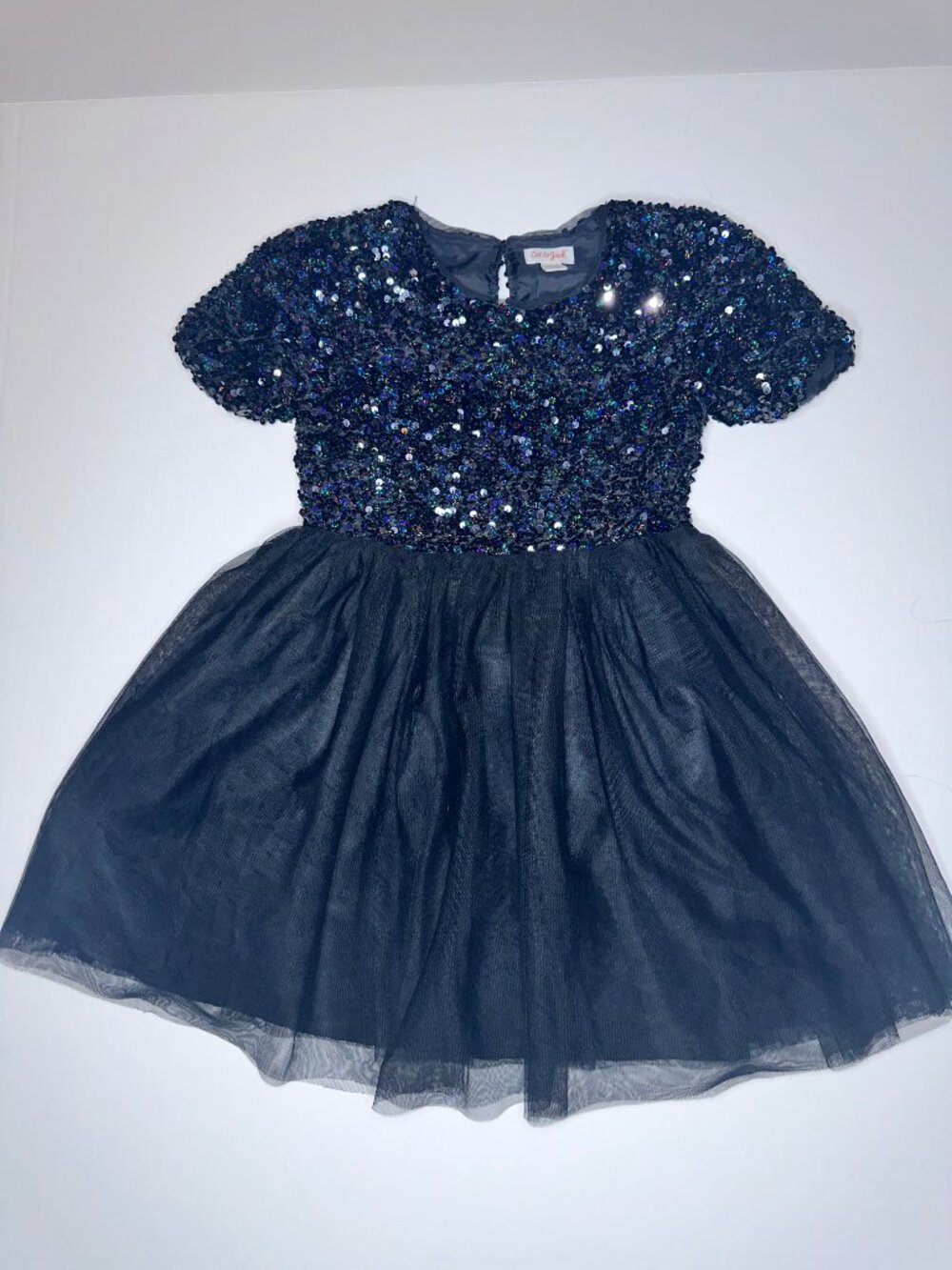 Cat & Jack Girls Black Sequins Tulle Party Dress Size 6/6x short sleeves